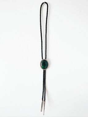 Genuine Malachite and Sterling Silver Braided Leather Bolo Tie